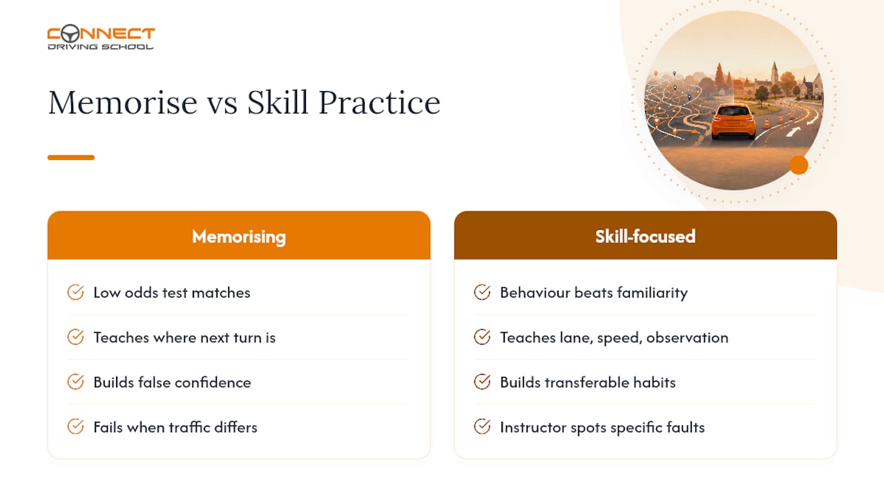 Stop Memorising Routes: 3 Instructor Drills for Hornchurch Test Routes 2 Why route memorising isn't the answer — overview diagram