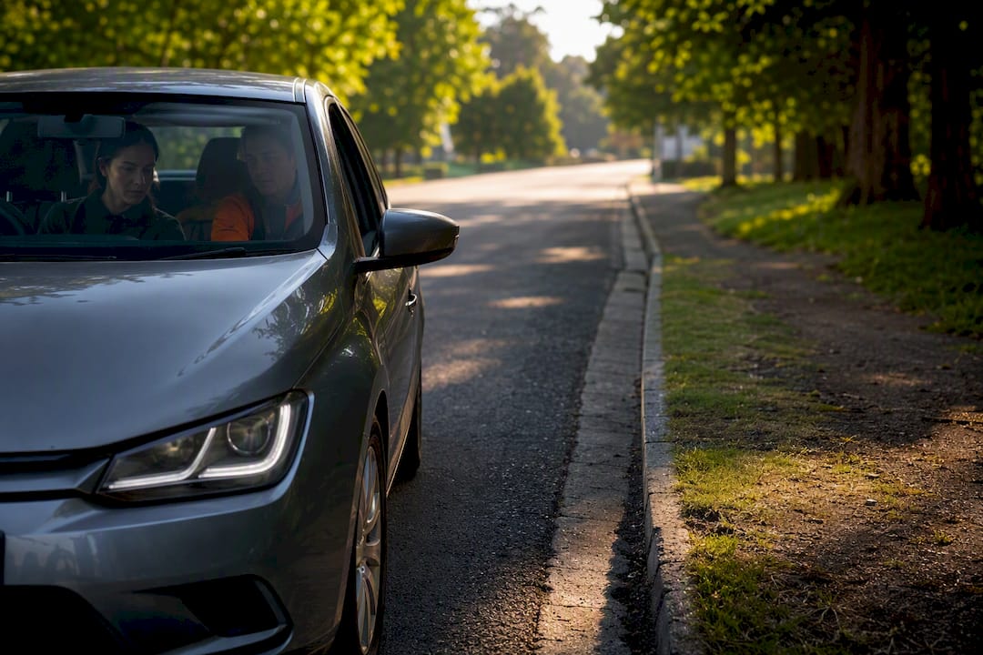 Learner car pulling up on right
