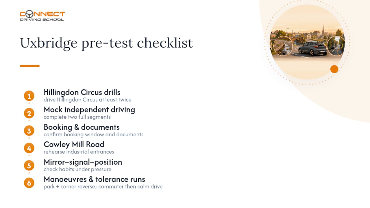 Uxbridge Test Routes: 12–15 km, Lane Hazards and 3 Drills 2 A driving instructor's pre-test checklist for Uxbridge — overview diagram