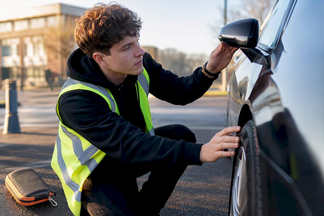 Learner checking tyre and mirrors