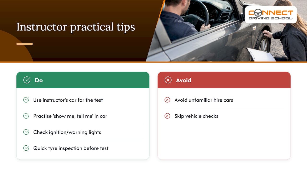 Practical tips from Connect Driving School (instructor perspective) — overview diagram