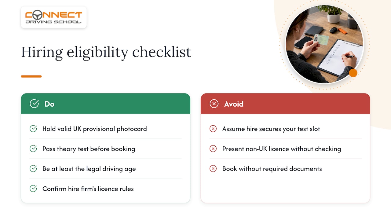 Secure a Test Car in 48 Hours: London Short Notice Hire and DVSA Checks 1 Eligibility: who can actually hire a test car — overview diagram