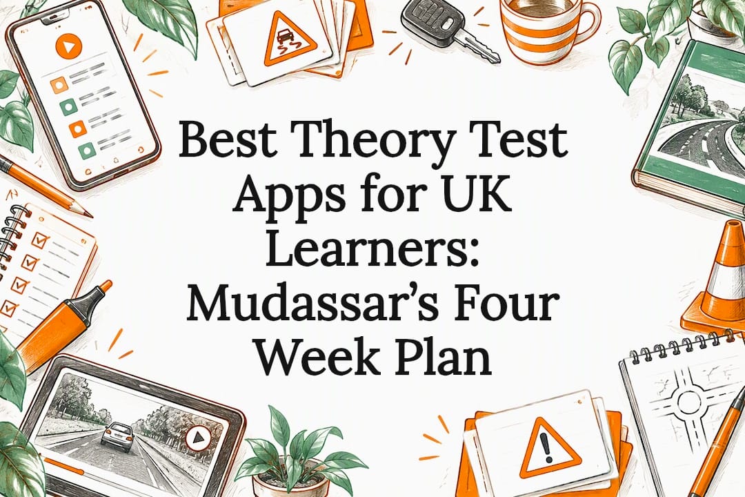 Sketches frame a UK theory test title
